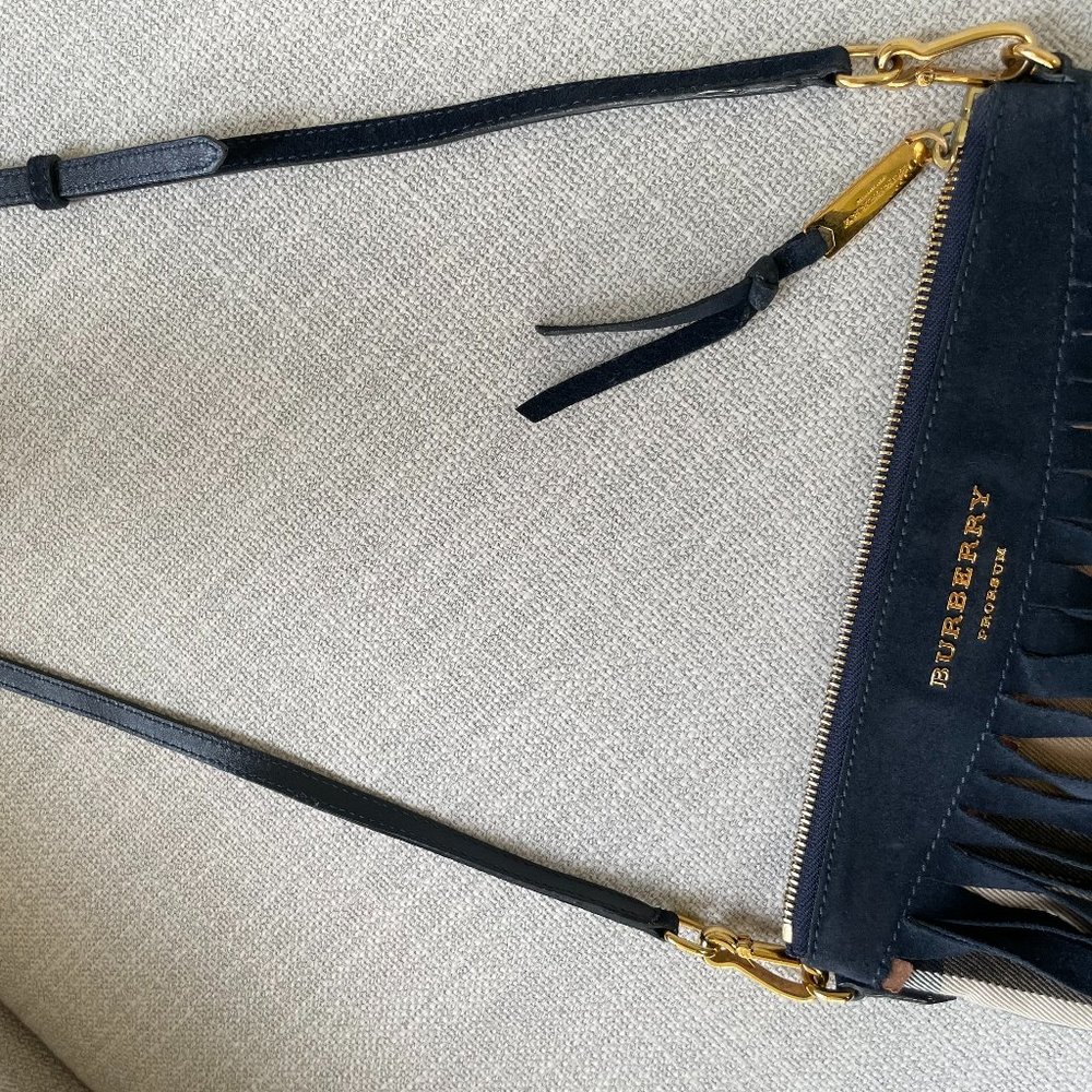Burberry Navy Suede Peyton Check Crossbody Bag - Picture 5 of 7